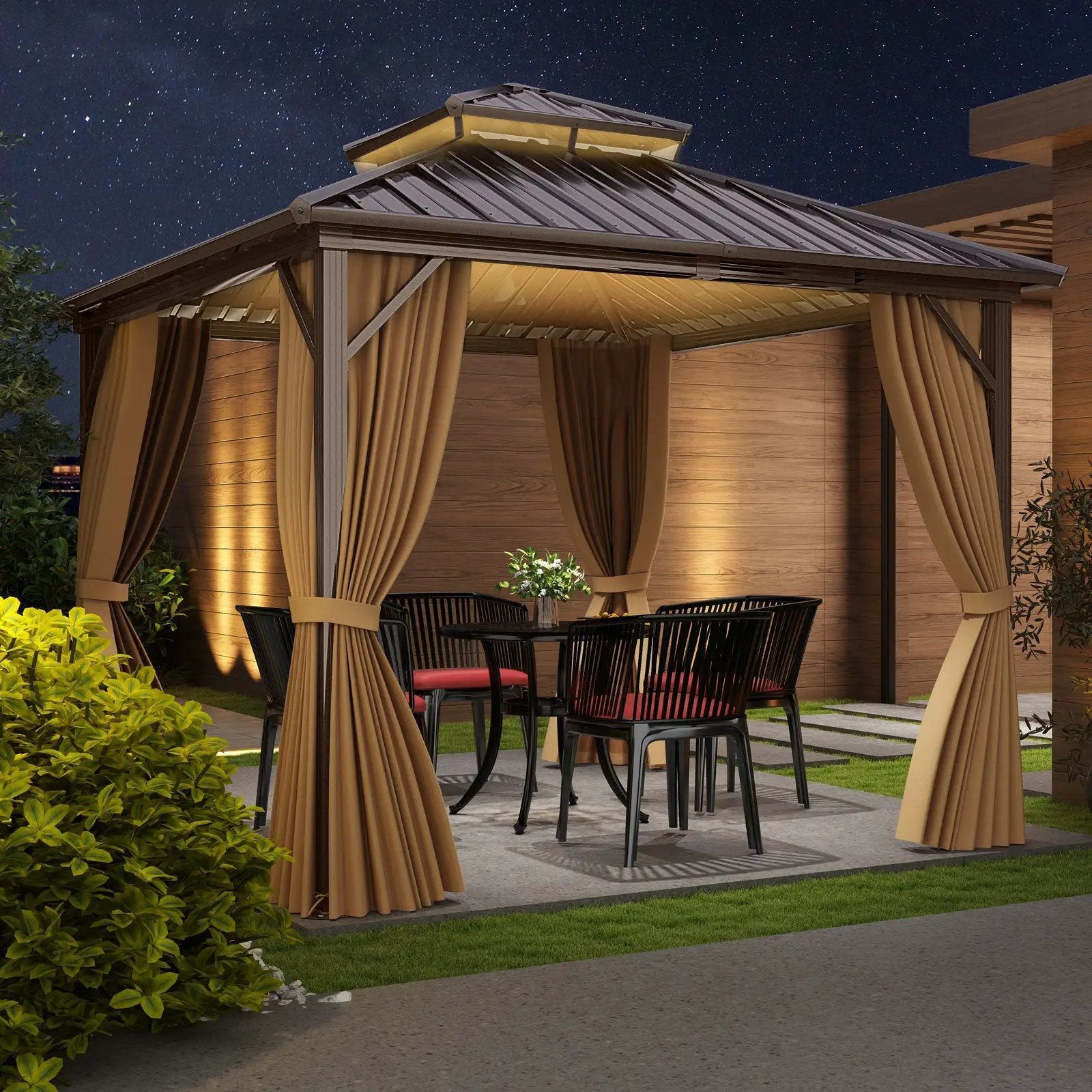 10 X 10 Feet Hardtop Gazebo with Netting and Curtain for Patio Backyard-Coffee by DirectDeals