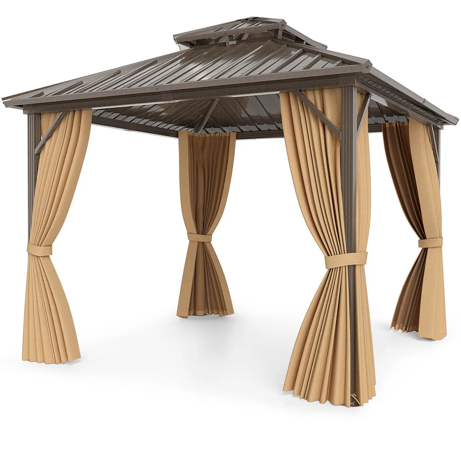 10 X 10 Feet Hardtop Gazebo with Netting and Curtain for Patio Backyard-Coffee by DirectDeals