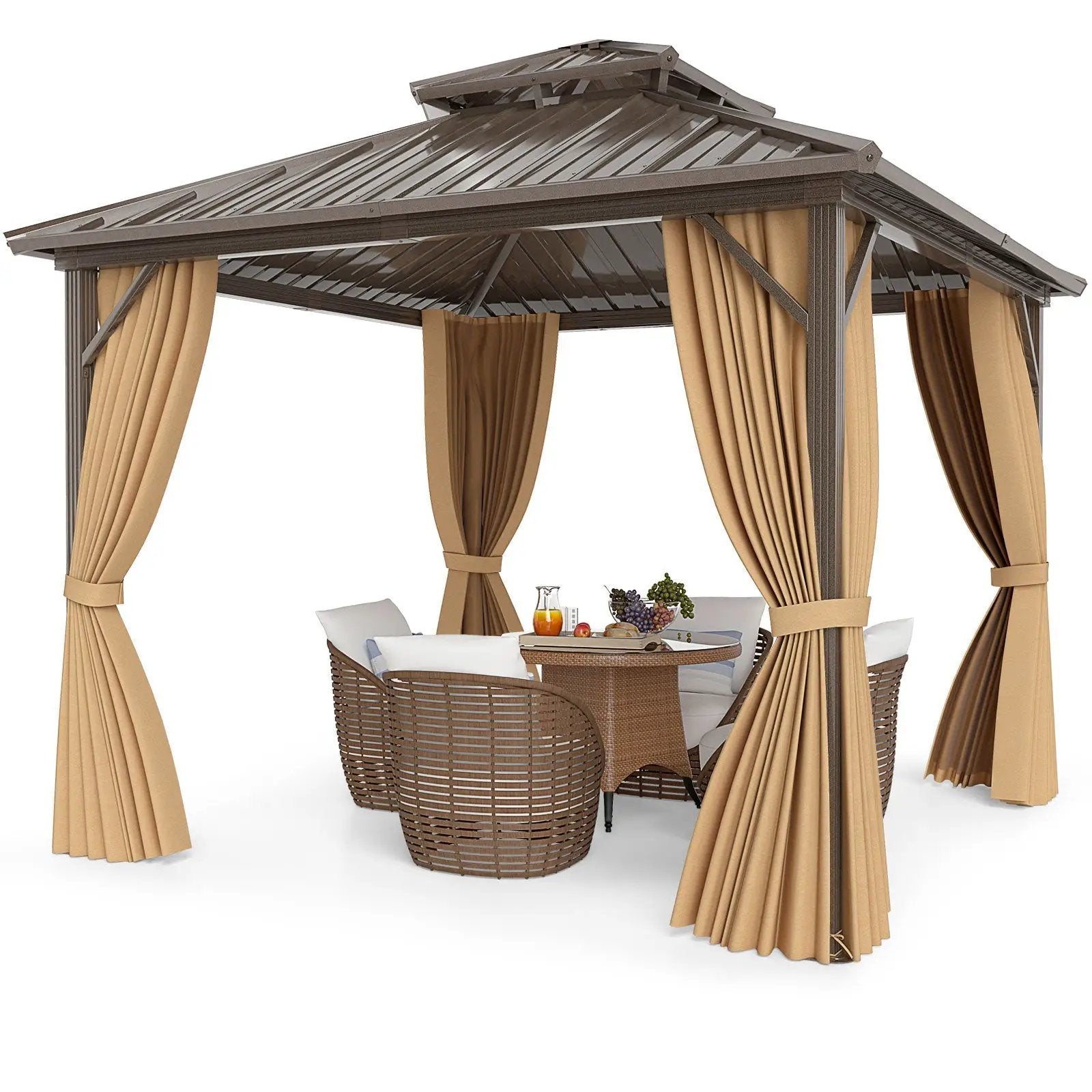 10 X 10 Feet Hardtop Gazebo with Netting and Curtain for Patio Backyard-Coffee by DirectDeals