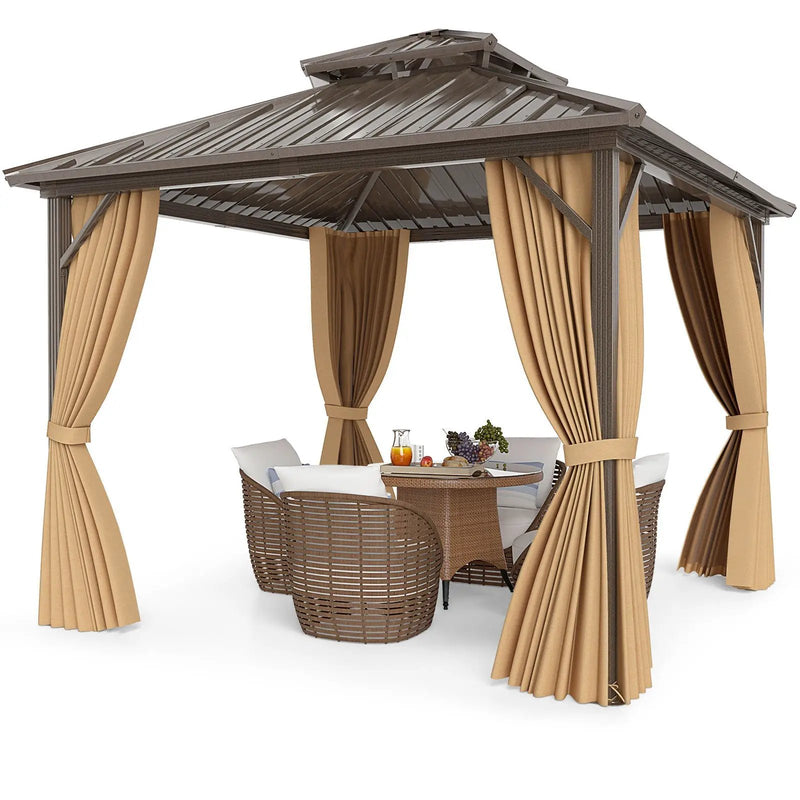 10 X 10 Feet Hardtop Gazebo with Netting and Curtain for Patio Backyard-Coffee by DirectDeals