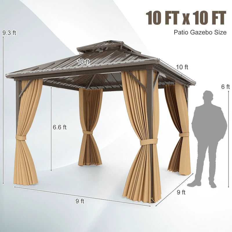 10 X 10 Feet Hardtop Gazebo with Netting and Curtain for Patio Backyard-Coffee by DirectDeals