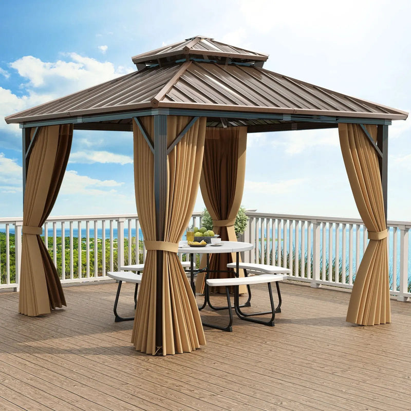 10 X 10 Feet Hardtop Gazebo with Netting and Curtain for Patio Backyard-Coffee by DirectDeals
