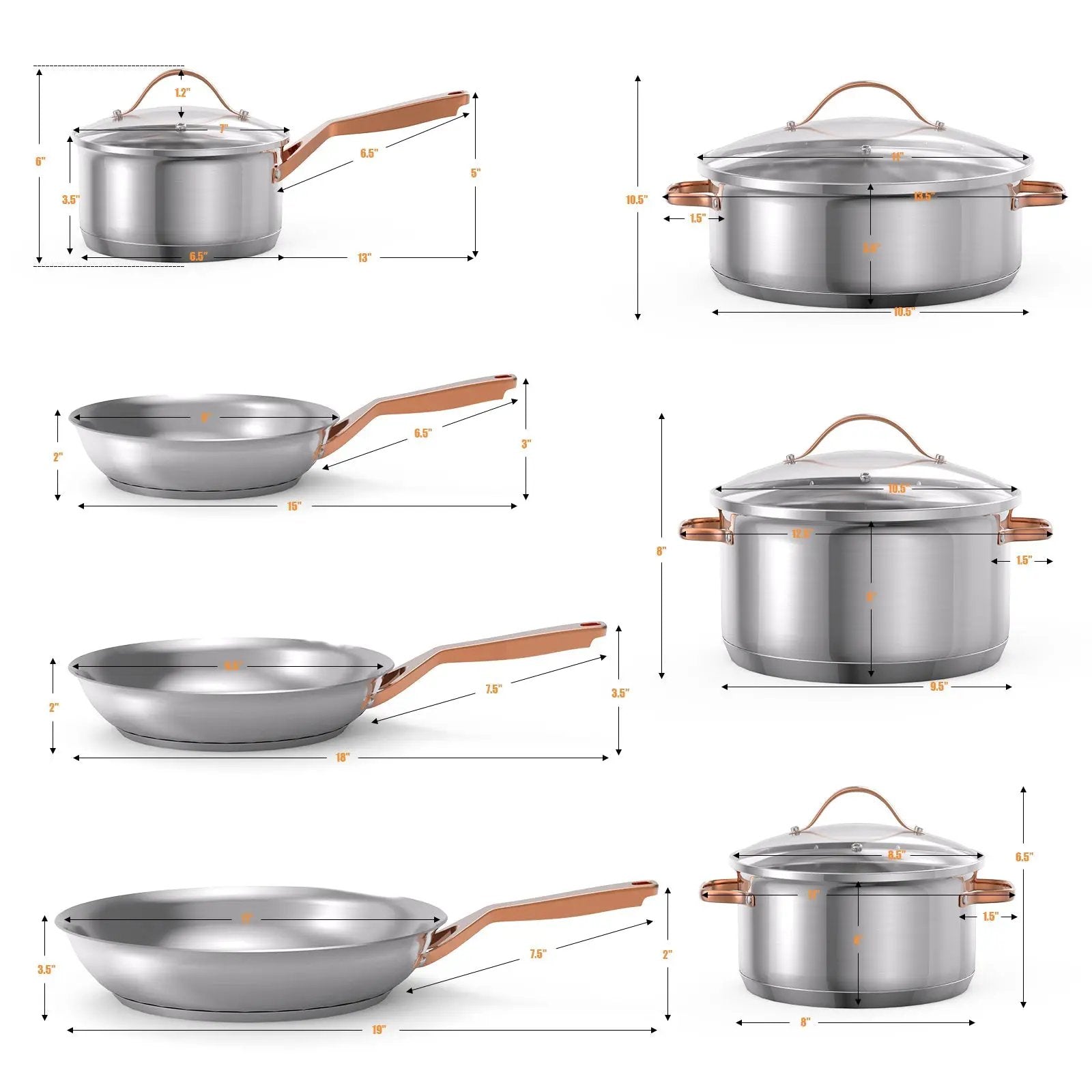 11 Pieces Stainless Steel Kitchen Cookware Set with Gold Stay-Cool Handles by DirectDeals