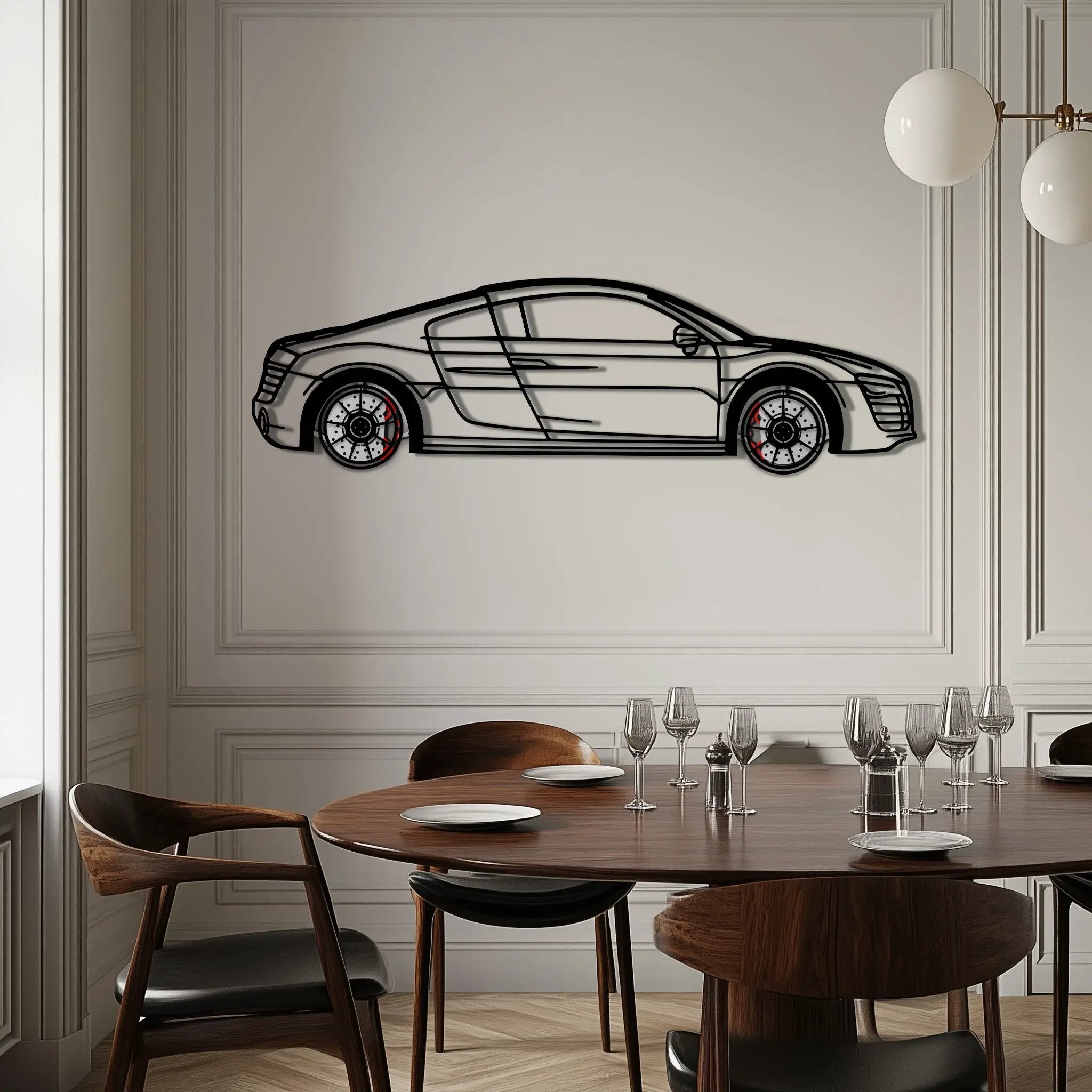Audi R8 Metal Car Wall Art with Rotating Wheels - Exotic Supercar Silhouette Decor - Interactive Automotive Wall Art KAFMEKA096 by Enova Art