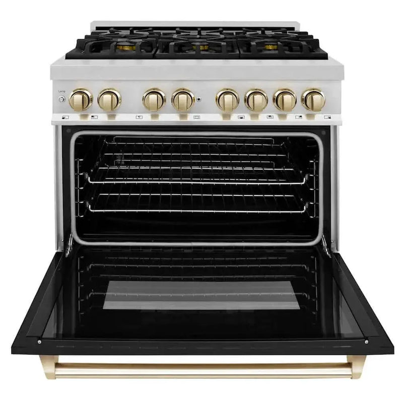 ZLINE 36" Autograph Dual Fuel Range, Black, Gold, RAZ-BLM-36-G by Farmhouse Kitchen and Bath