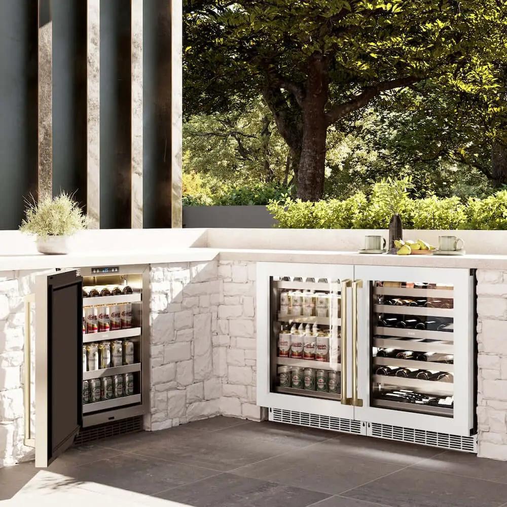 ZLINE 24" Touchstone 151 Can Beverage Fridge White Matte Glass Door Champagne Bronze Handle RBSOZ-WM-24-CB by Farmhouse Kitchen and Bath