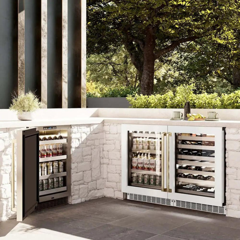ZLINE 24" Touchstone 151 Can Beverage Fridge White Matte Glass Door Champagne Bronze Handle RBSOZ-WM-24-CB by Farmhouse Kitchen and Bath