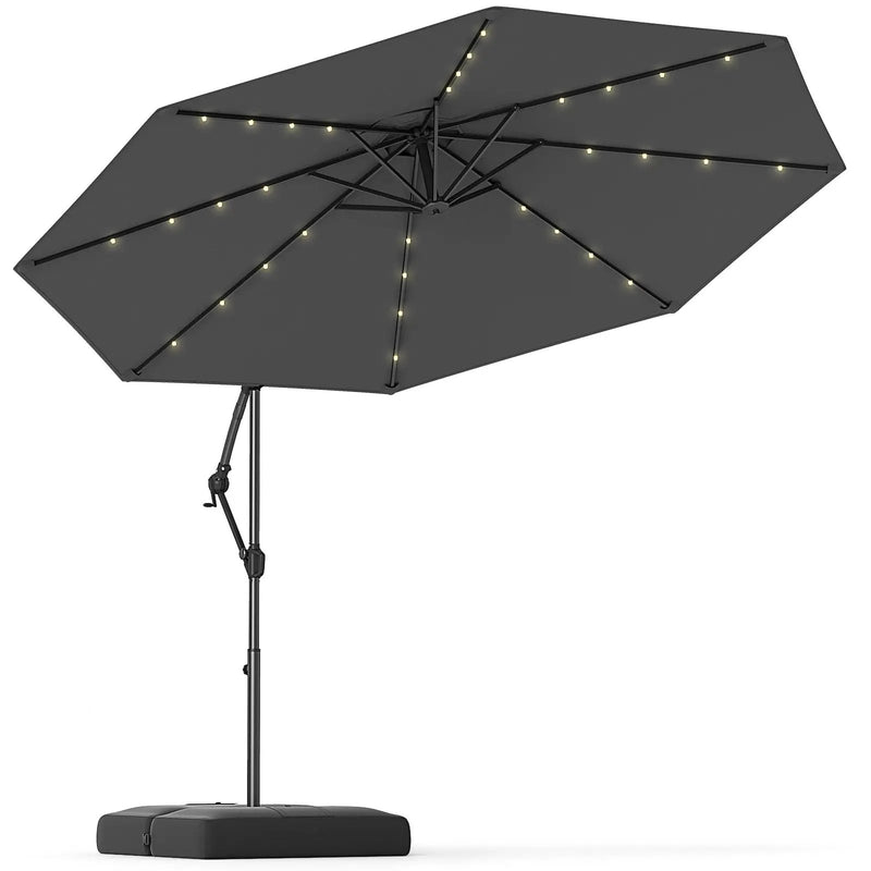 10 Feet Solar Offset Hanging Umbrella with Base and 32 LED Lights-Gray by DirectDeals