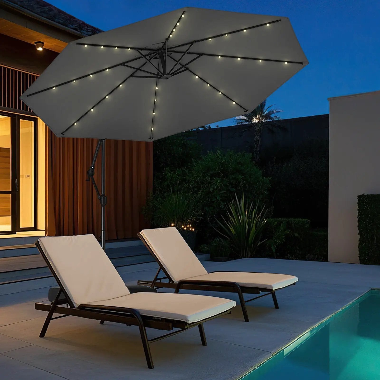 10 Feet Solar Offset Hanging Umbrella with Base and 32 LED Lights-Gray by DirectDeals
