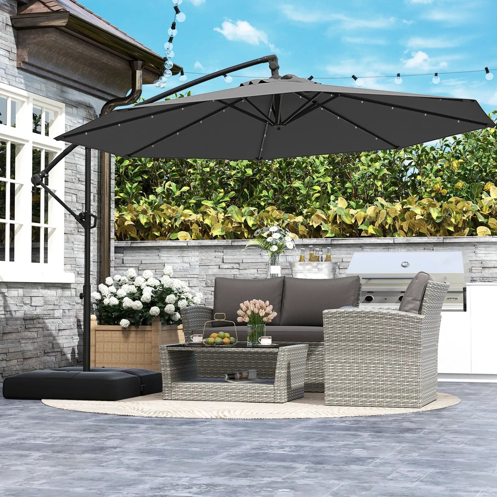 10 Feet Solar Offset Hanging Umbrella with Base and 32 LED Lights-Gray by DirectDeals