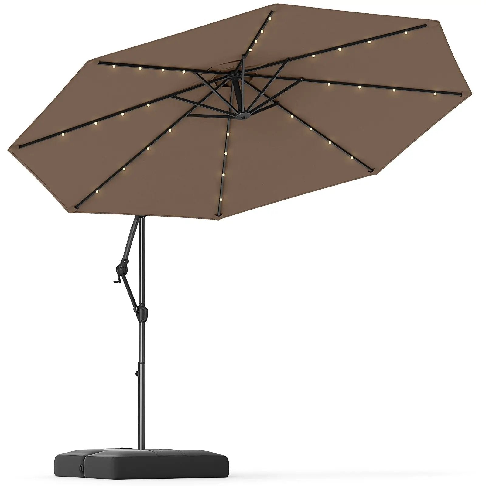 10 Feet Solar Offset Hanging Umbrella with Base and 32 LED Lights-Taupe by DirectDeals