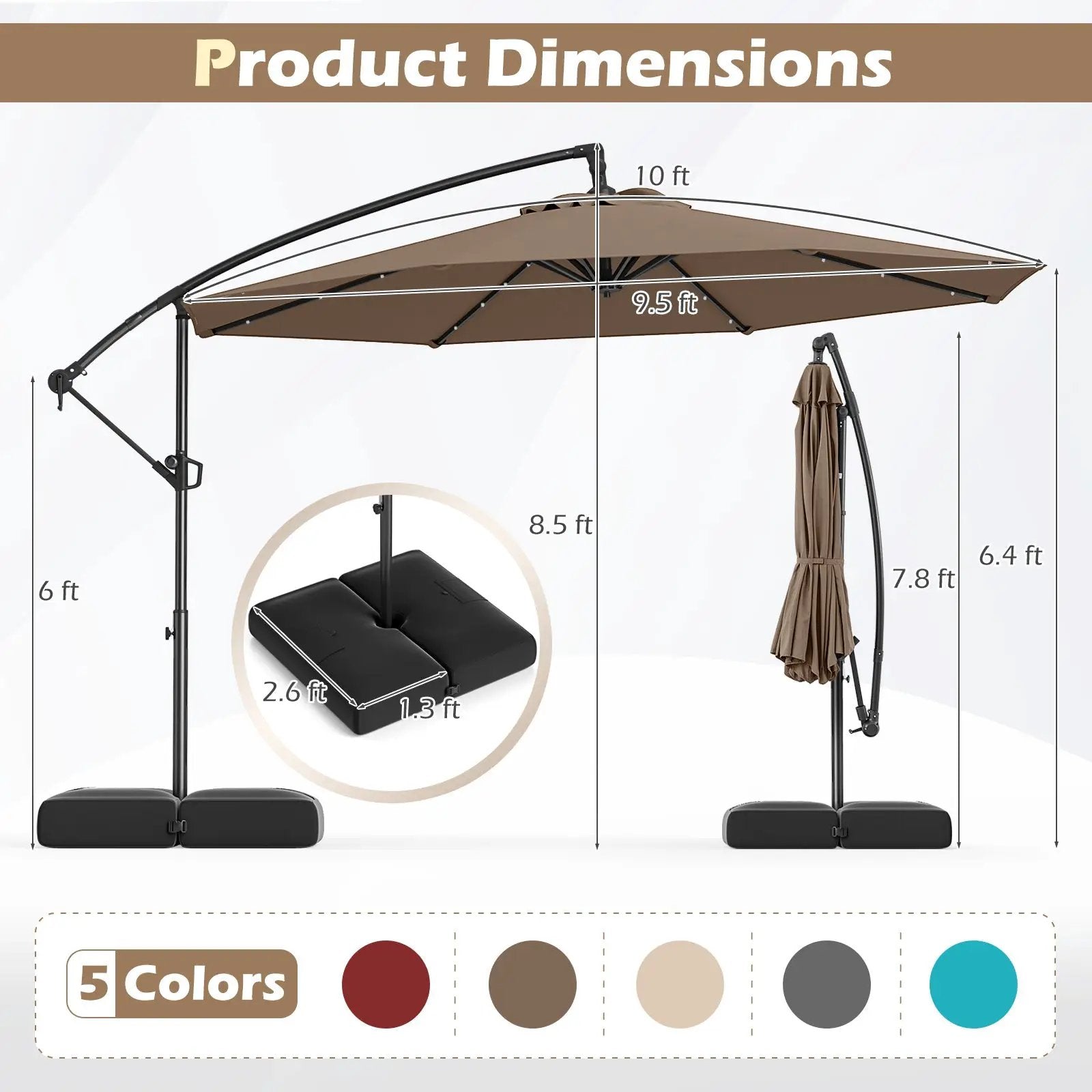 10 Feet Solar Offset Hanging Umbrella with Base and 32 LED Lights-Taupe by DirectDeals