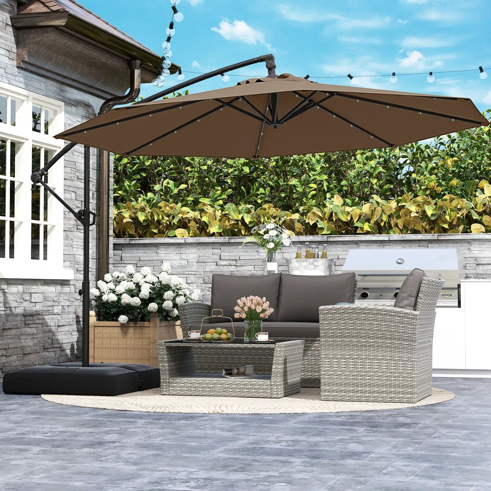 10 Feet Solar Offset Hanging Umbrella with Base and 32 LED Lights-Taupe by DirectDeals