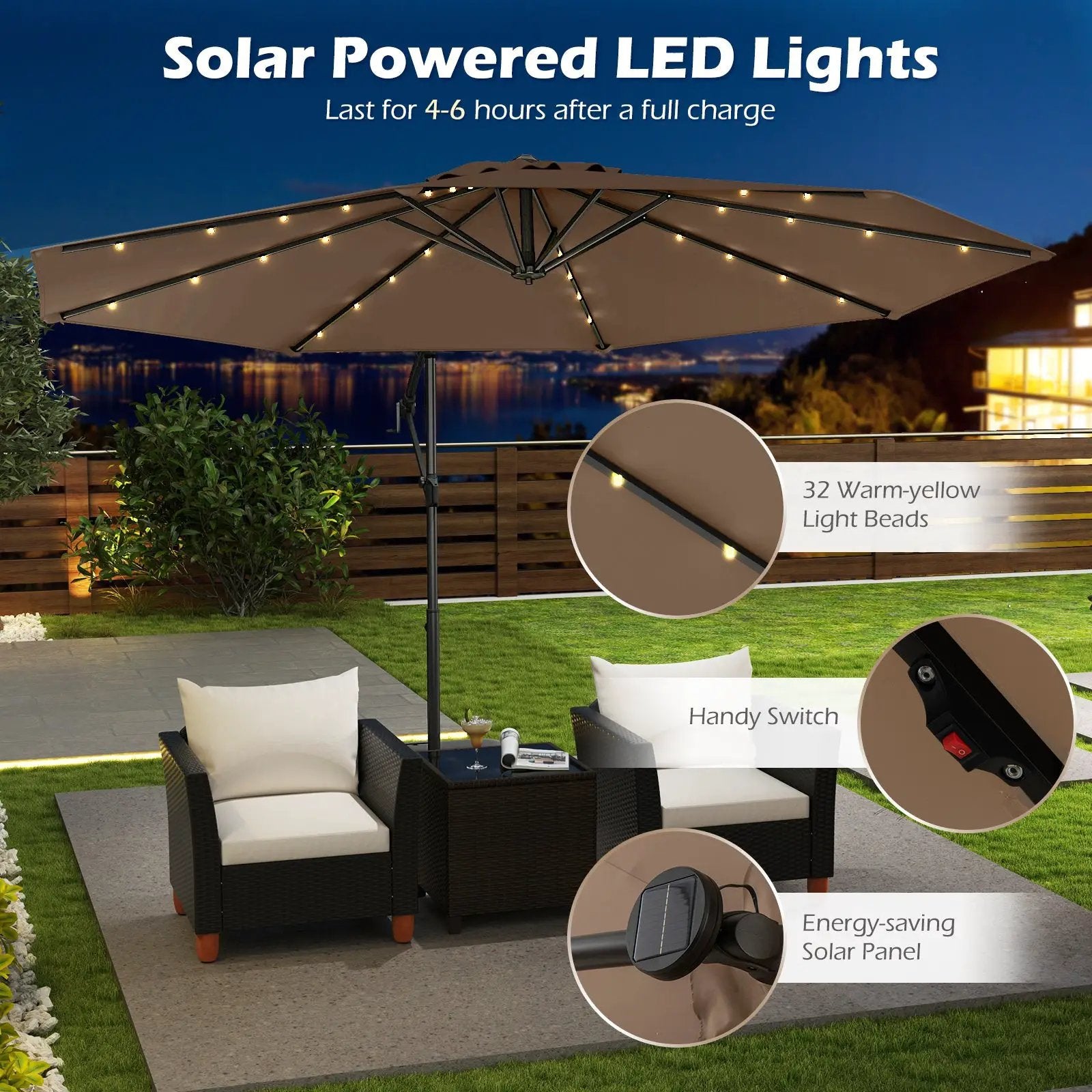 10 Feet Solar Offset Hanging Umbrella with Base and 32 LED Lights-Taupe by DirectDeals