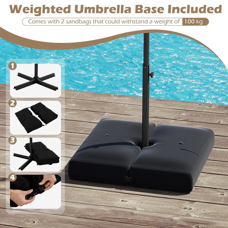 10 Feet Solar Offset Hanging Umbrella with Base and 32 LED Lights-Taupe by DirectDeals