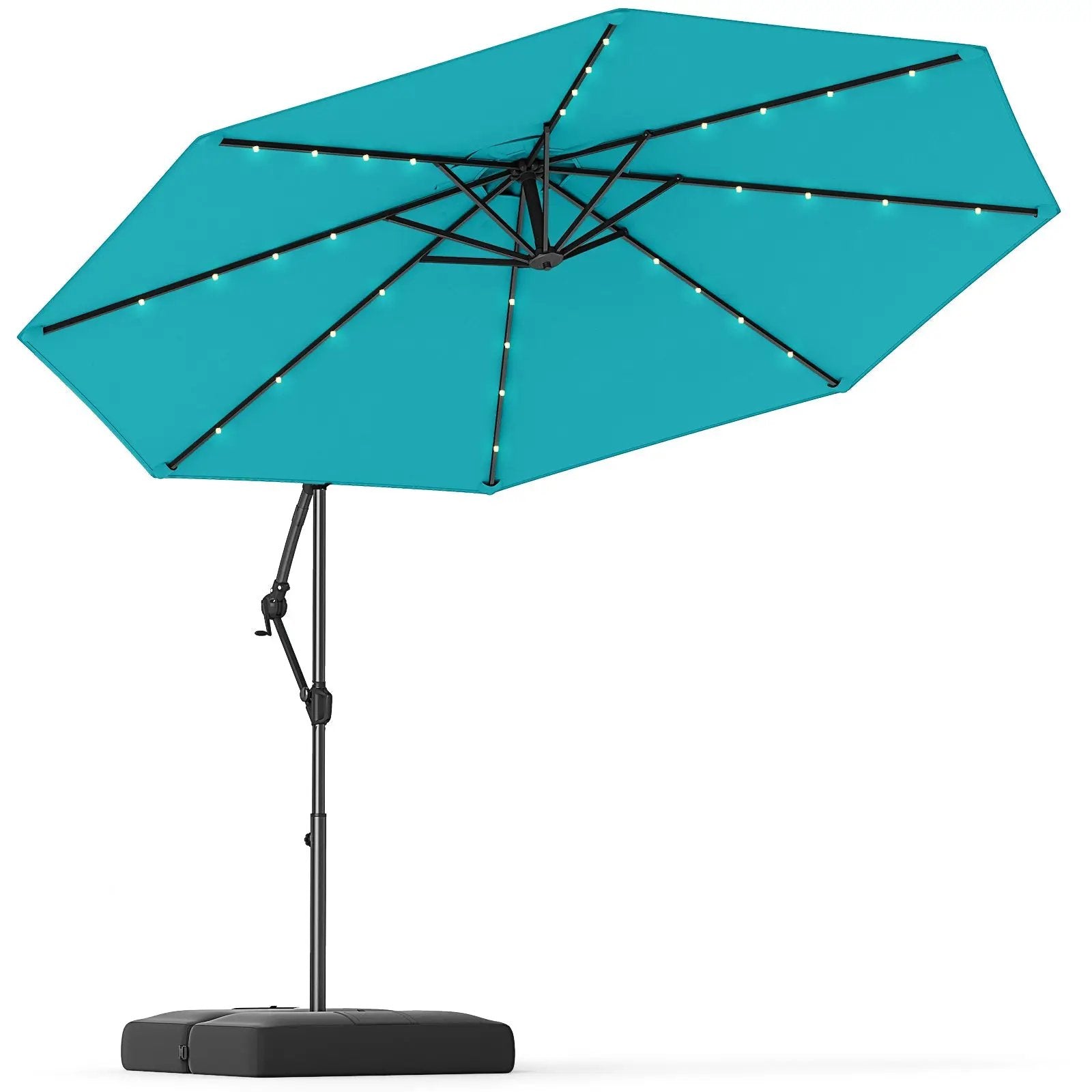 10 Feet Solar Offset Hanging Umbrella with Base and 32 LED Lights-Turquoise by DirectDeals
