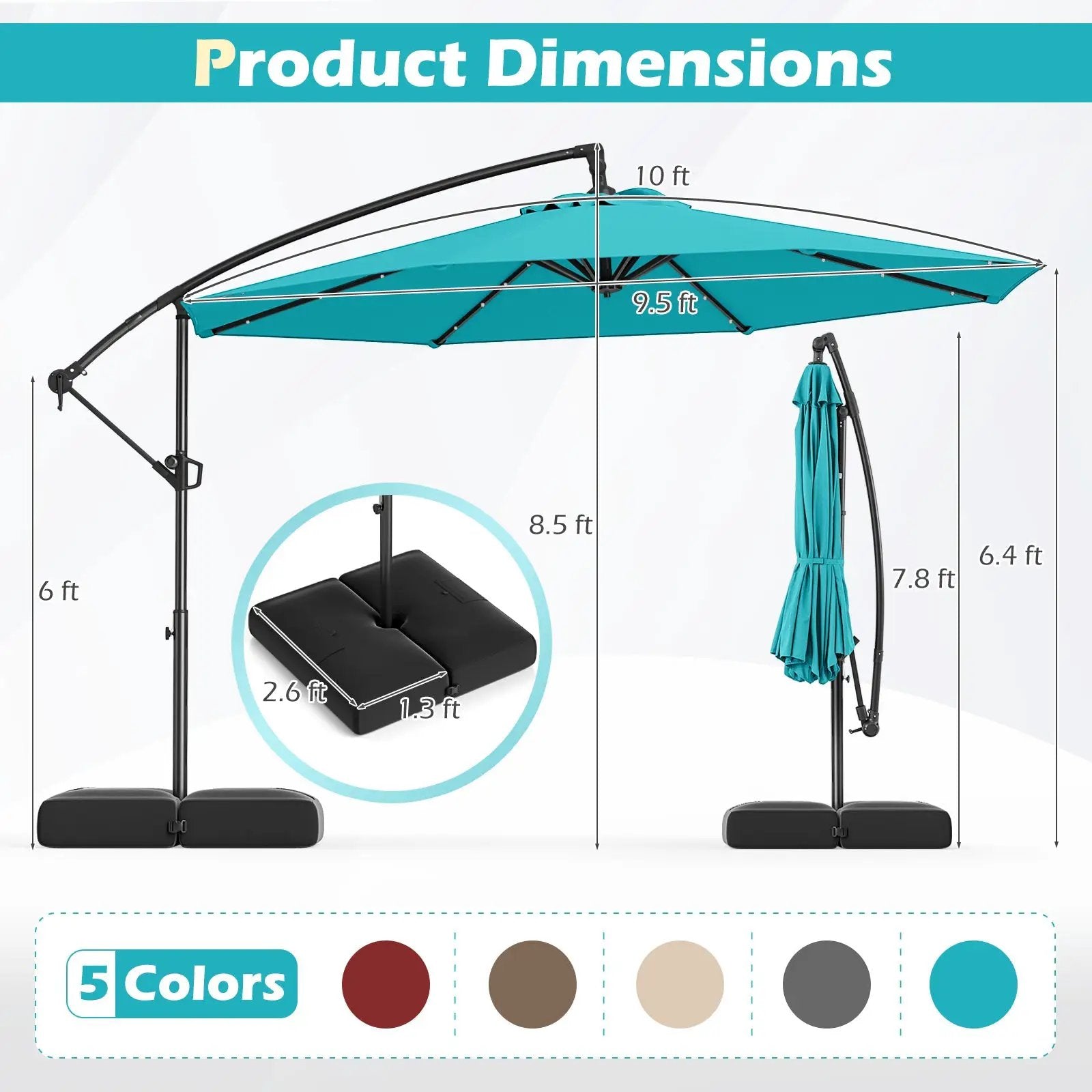 10 Feet Solar Offset Hanging Umbrella with Base and 32 LED Lights-Turquoise by DirectDeals