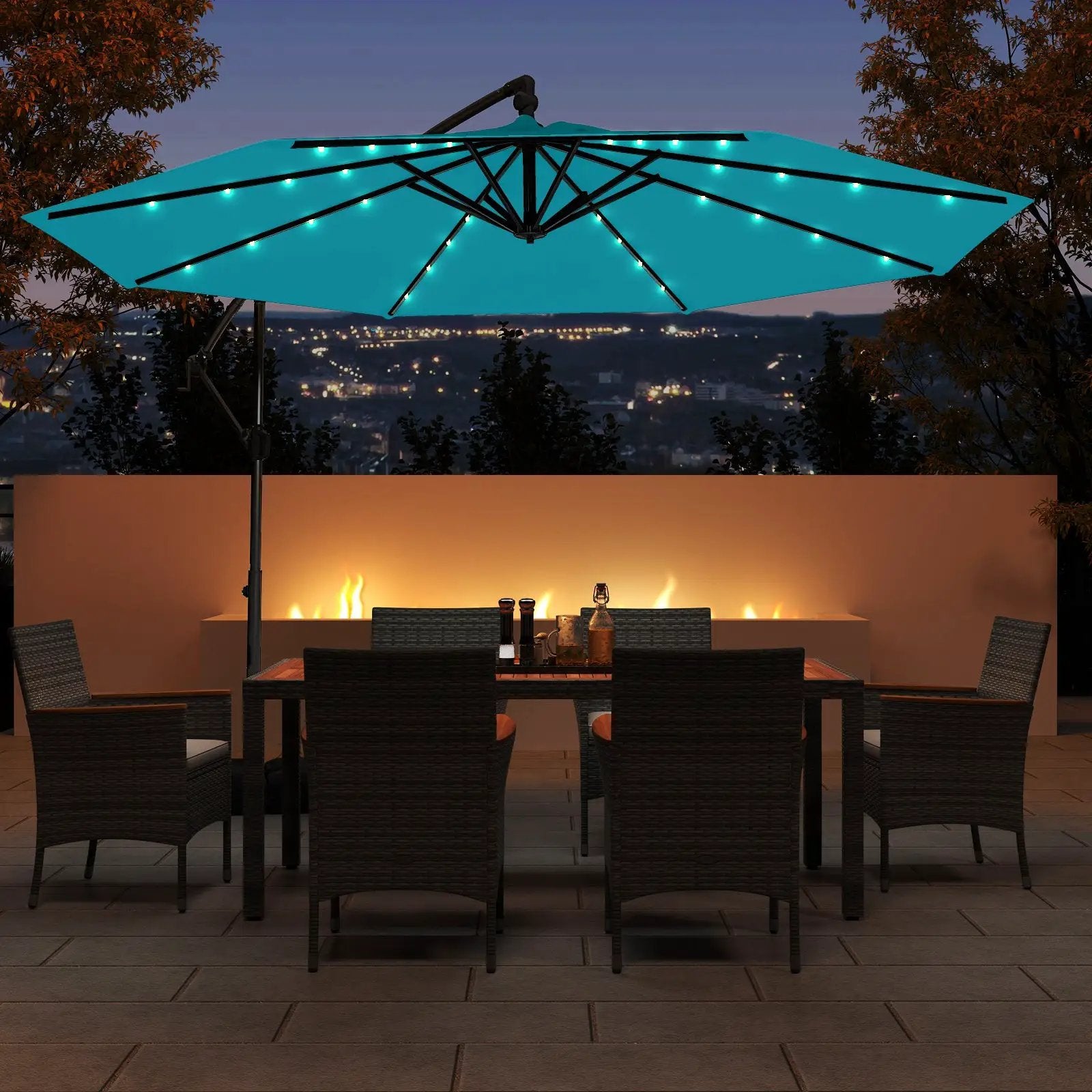 10 Feet Solar Offset Hanging Umbrella with Base and 32 LED Lights-Turquoise by DirectDeals