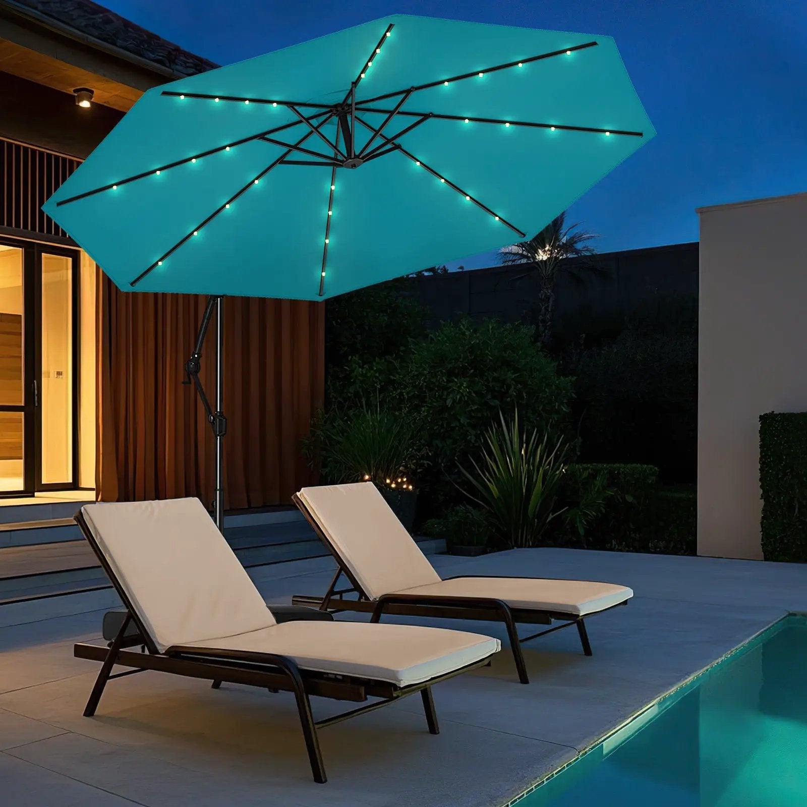 10 Feet Solar Offset Hanging Umbrella with Base and 32 LED Lights-Turquoise by DirectDeals