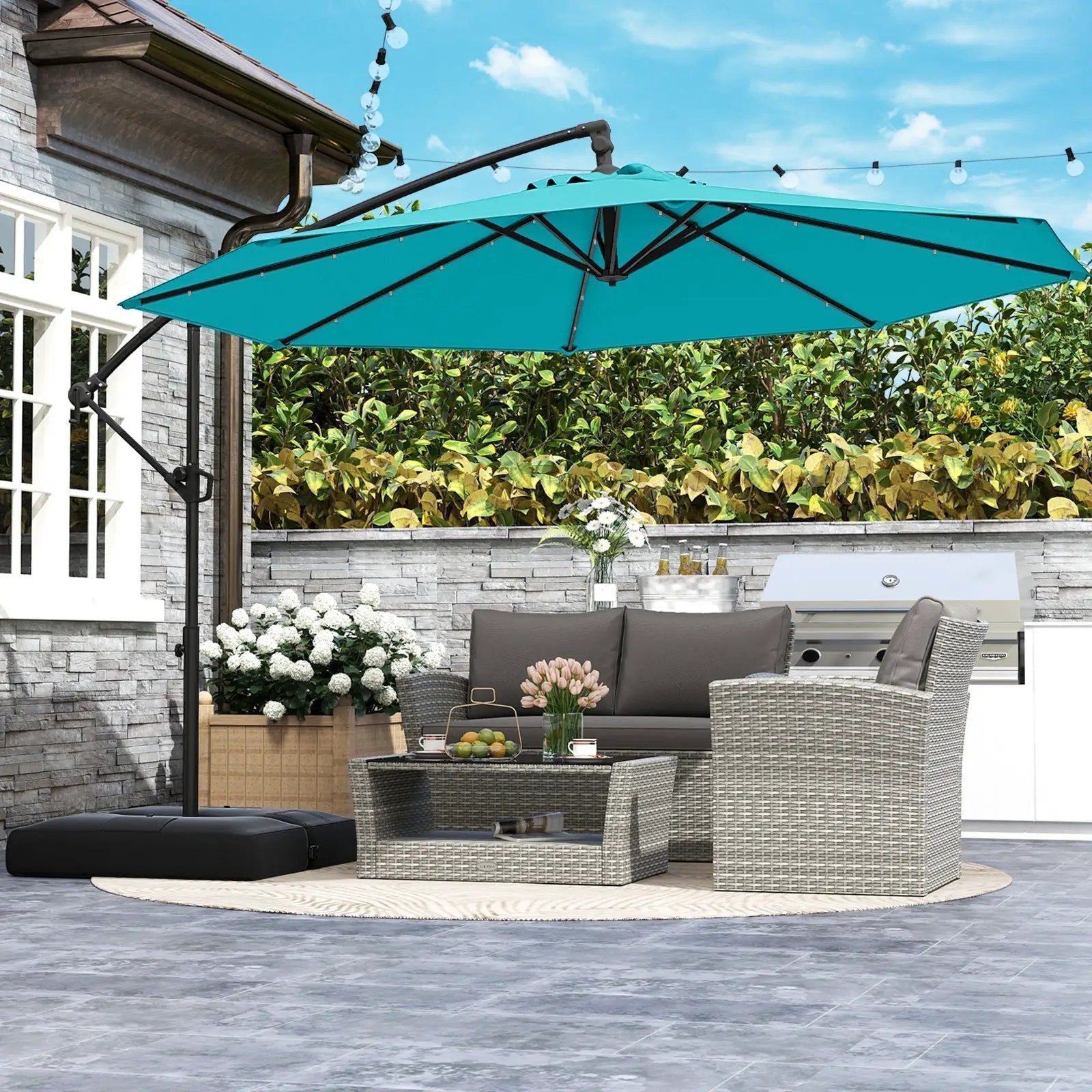 10 Feet Solar Offset Hanging Umbrella with Base and 32 LED Lights-Turquoise by DirectDeals