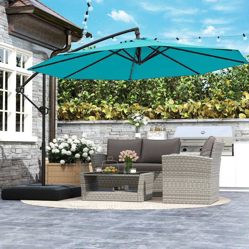 10 Feet Solar Offset Hanging Umbrella with Base and 32 LED Lights-Turquoise by DirectDeals