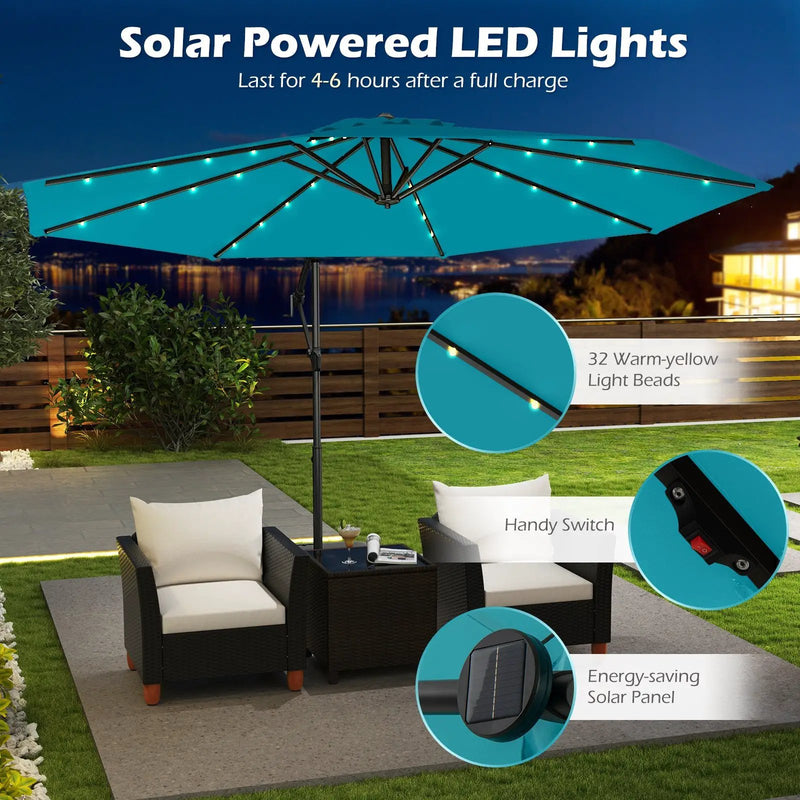 10 Feet Solar Offset Hanging Umbrella with Base and 32 LED Lights-Turquoise by DirectDeals
