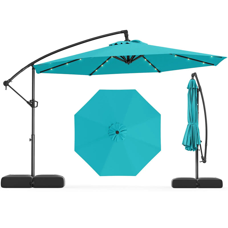10 Feet Solar Offset Hanging Umbrella with Base and 32 LED Lights-Turquoise by DirectDeals