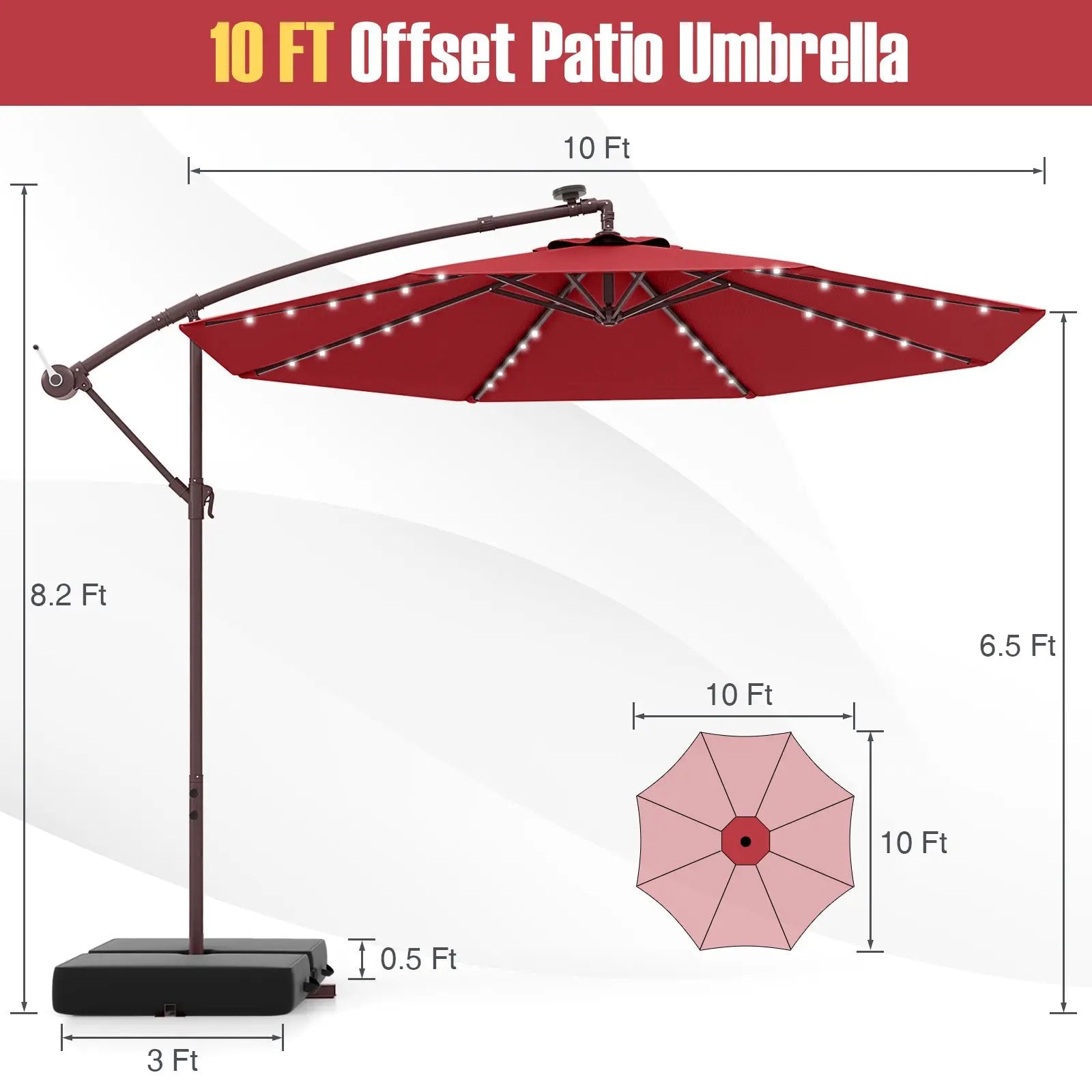10 Ft Patio Umbrella Offset Cantilever Umbrella with 40 Solar Powered Lights by DirectDeals