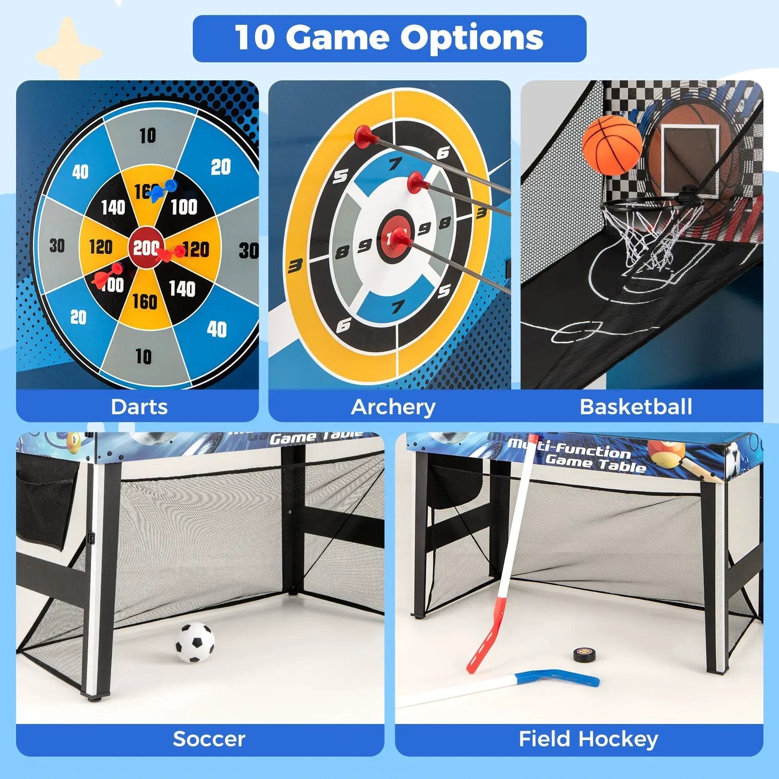10-in-1 Combo Game Table Set with Table Tennis Basketball Soccer-Blue by DirectDeals
