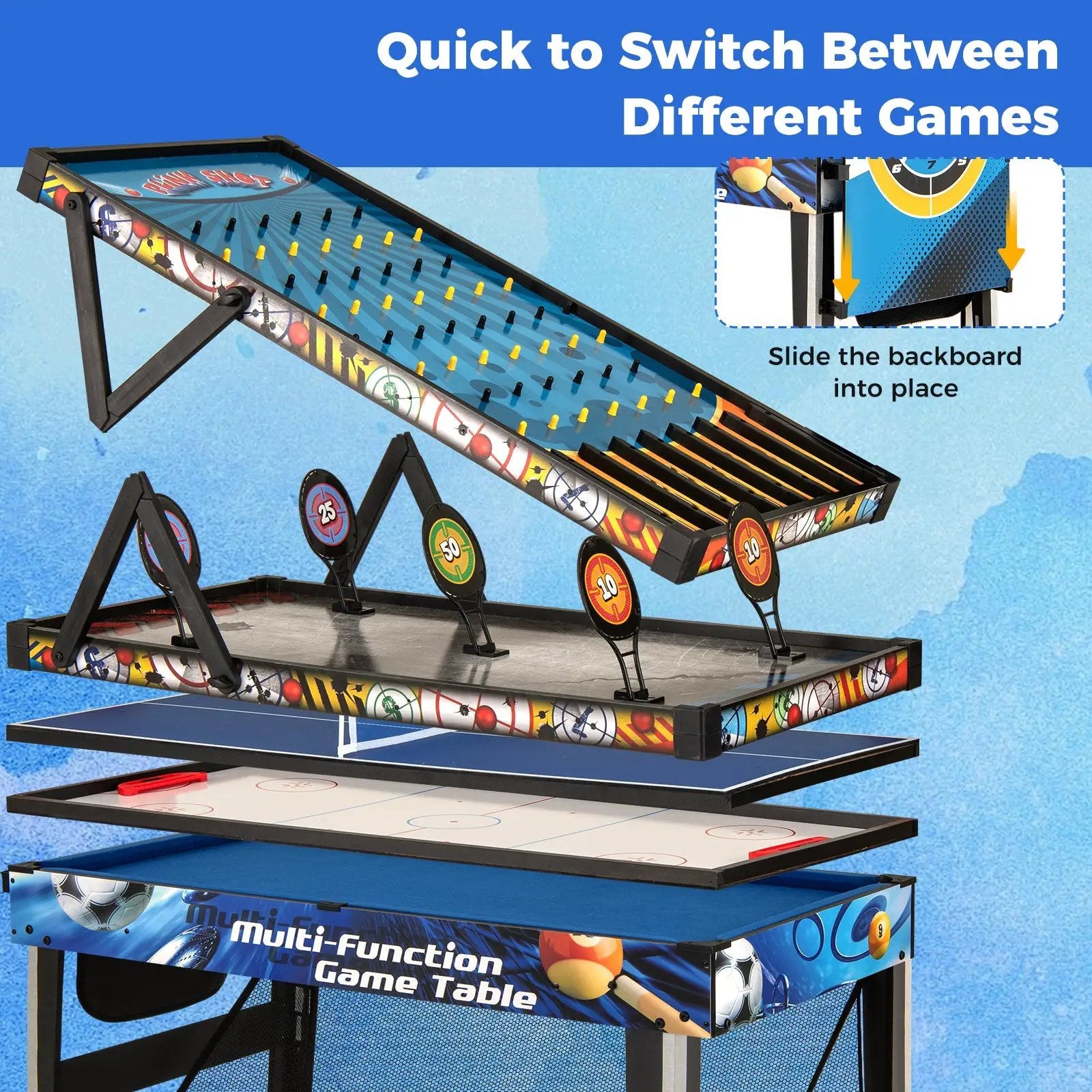 10-in-1 Combo Game Table Set with Table Tennis Basketball Soccer-Blue by DirectDeals