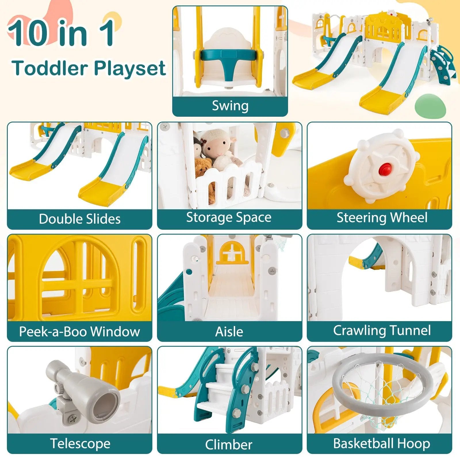 10-in-1 Toddler Slide and Swing Set with Double Slides and Tunnel by DirectDeals