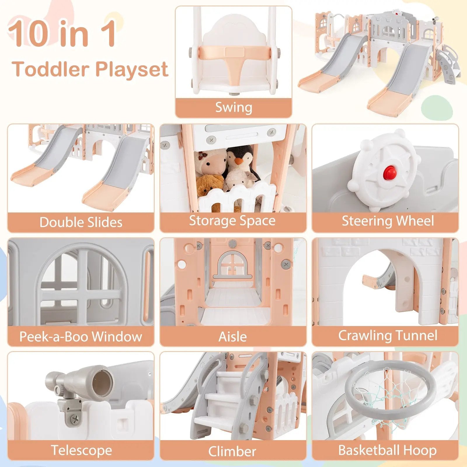 10-in-1 Toddler Slide and Swing Set with Double Slides and Tunnel by DirectDeals