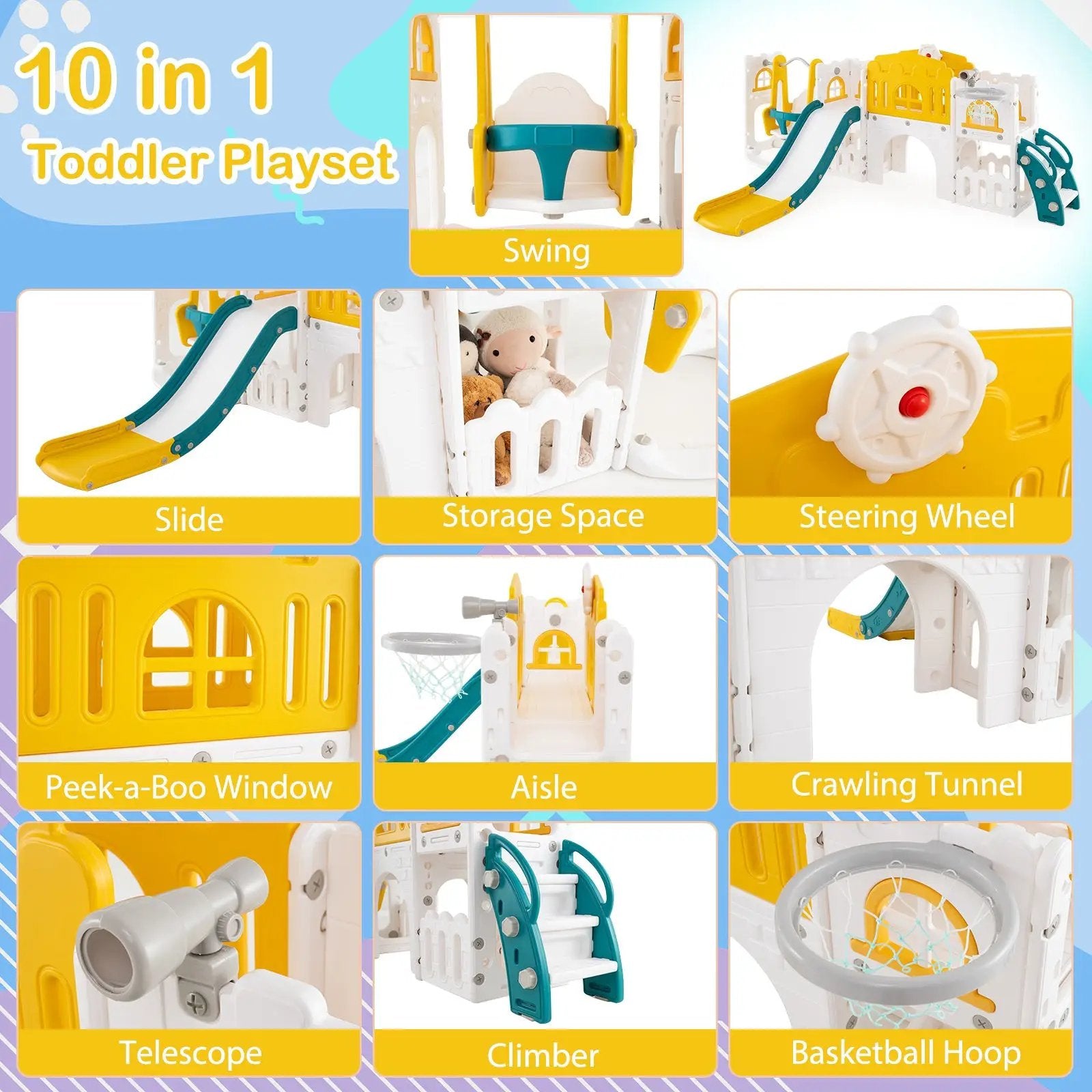 10-in-1 Toddler Swing and Slide Set Climber Playset with Basketball Hoop by DirectDeals