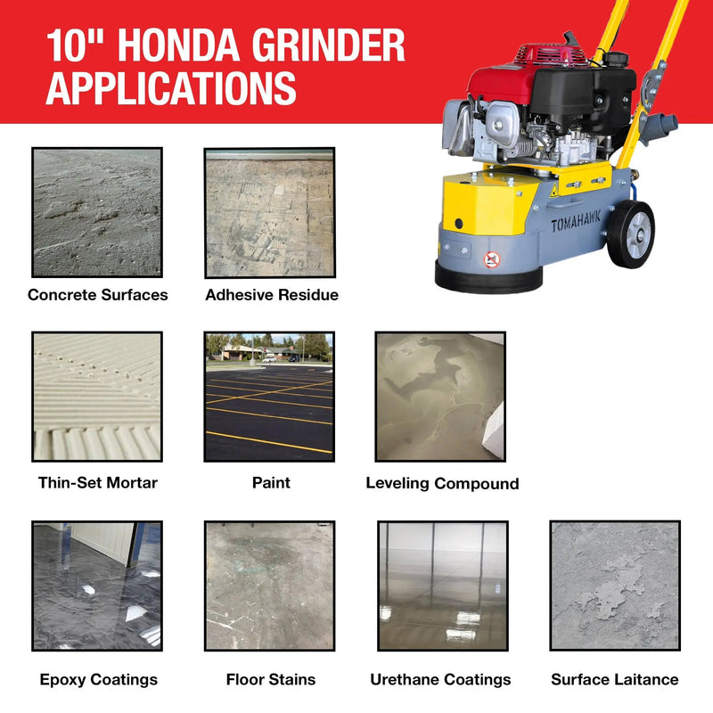 10" Honda Concrete Floor Grinder 10HP GXV390 Motor for Smoothing, Floor Prep, Coatings by Tomahawk Power