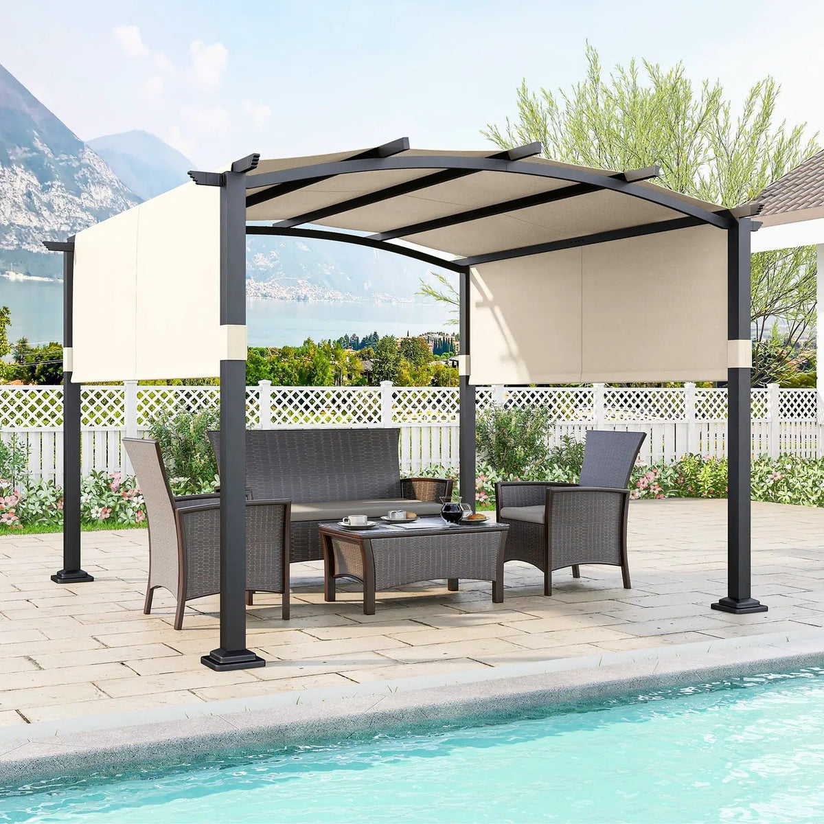 10 x 10 ft Outdoor Pergola Modern Arched Patio Garden Shelter with Retractable Sunshade Canopy, photo 2 of 16
