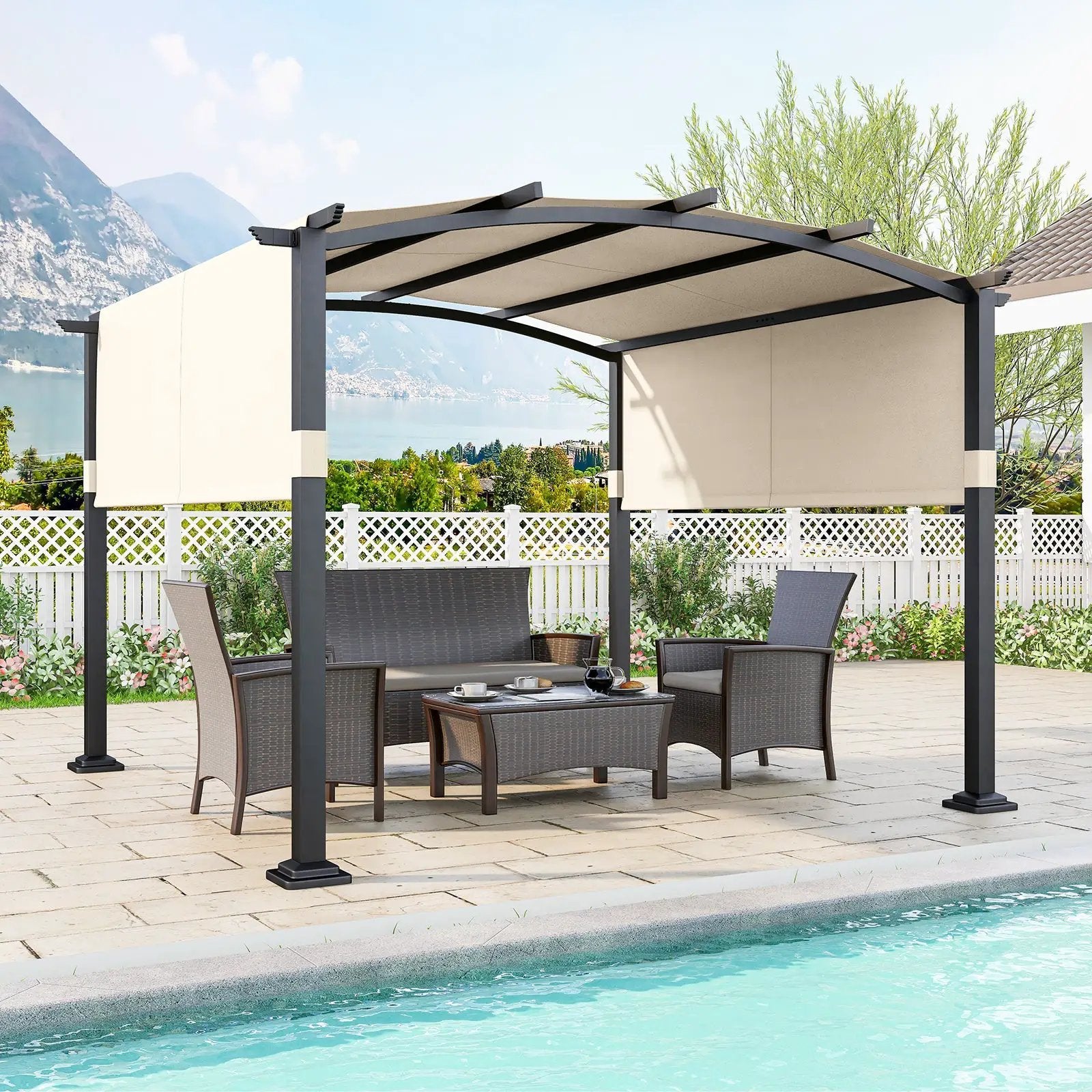 10 x 10 ft Outdoor Pergola Modern Arched Patio Garden Shelter with Retractable Sunshade Canopy by DirectDeals