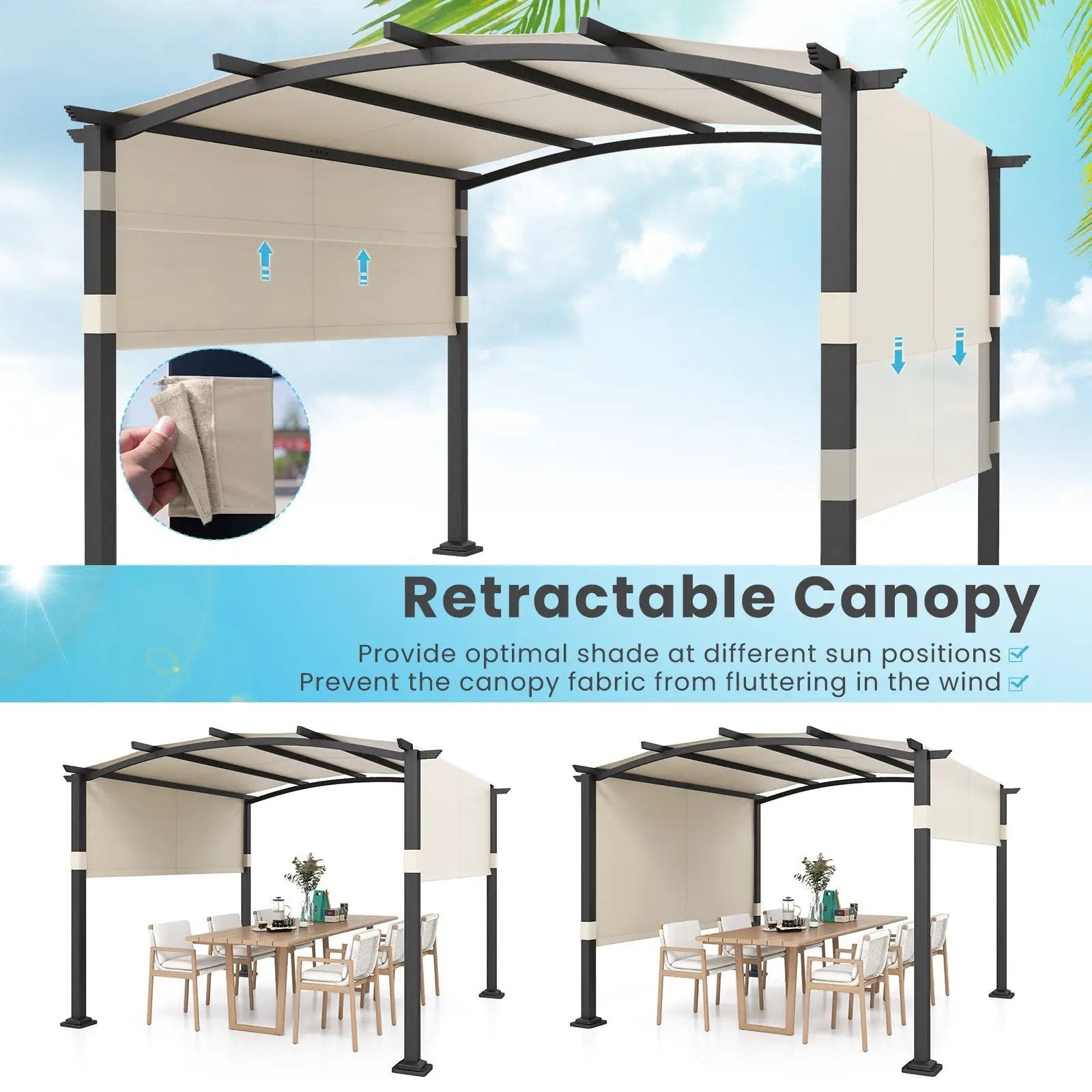 10 x 10 ft Outdoor Pergola Modern Arched Patio Garden Shelter with Retractable Sunshade Canopy by DirectDeals