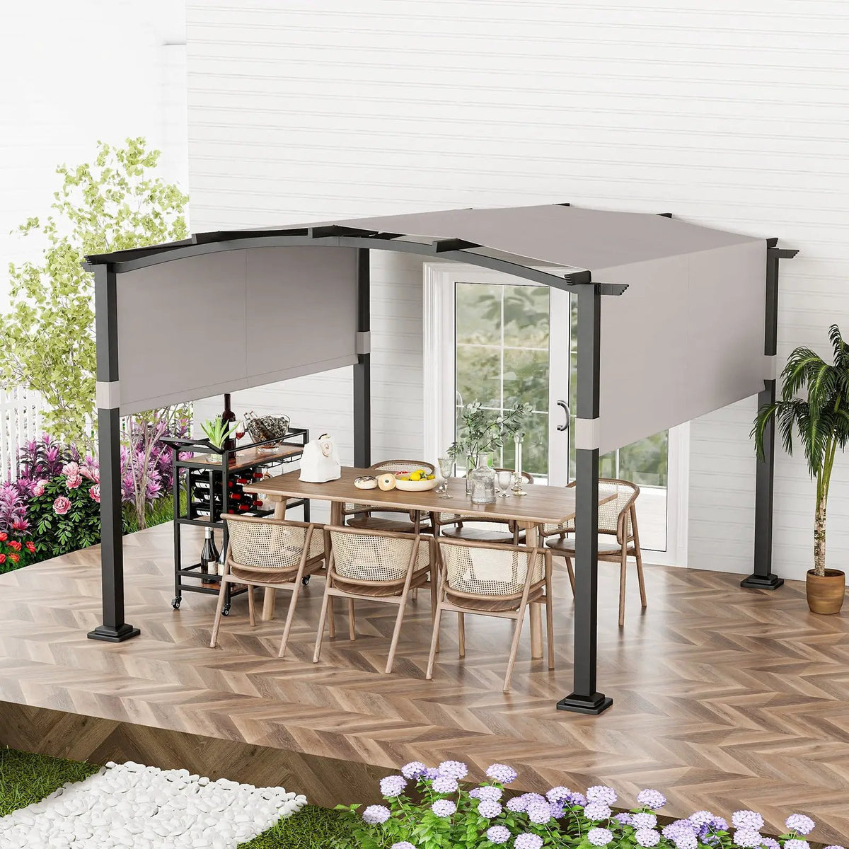 10 x 10 ft Outdoor Pergola Modern Arched Patio Garden Shelter with Retractable Sunshade Canopy, photo 3 of 16
