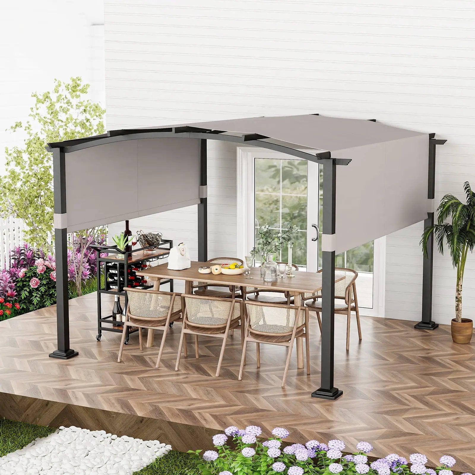 10 x 10 ft Outdoor Pergola Modern Arched Patio Garden Shelter with Retractable Sunshade Canopy by DirectDeals