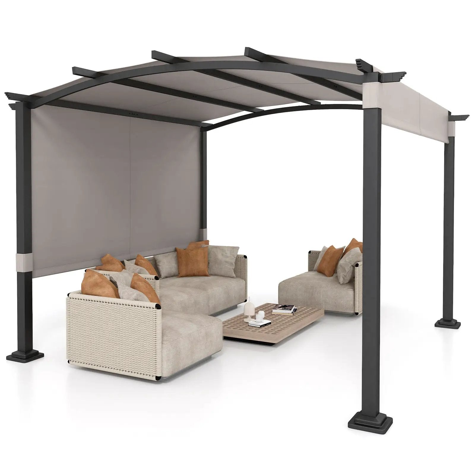 10 x 10 ft Outdoor Pergola Modern Arched Patio Garden Shelter with Retractable Sunshade Canopy by DirectDeals