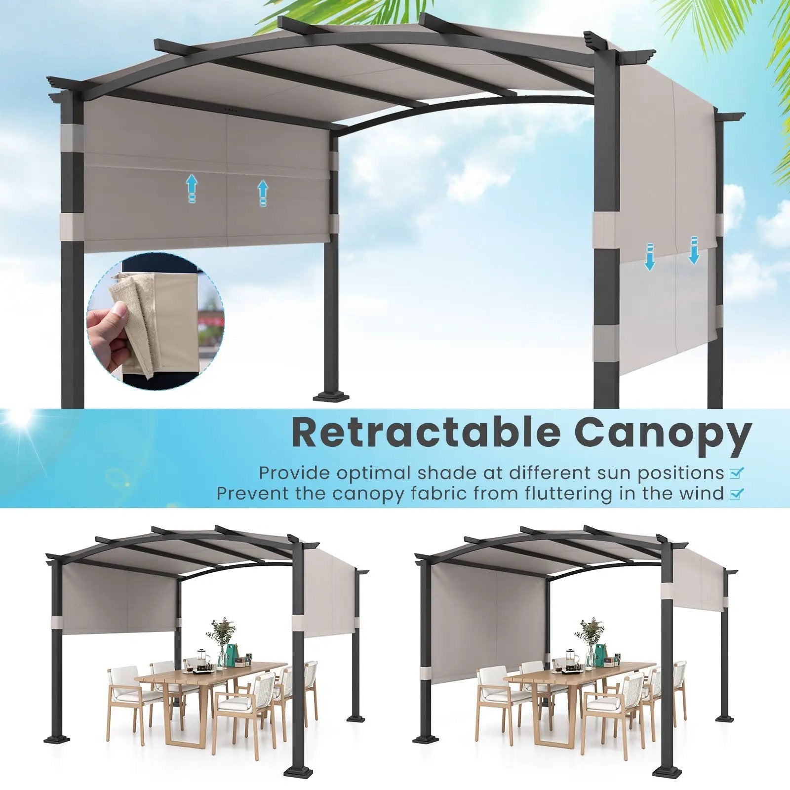 10 x 10 ft Outdoor Pergola Modern Arched Patio Garden Shelter with Retractable Sunshade Canopy by DirectDeals