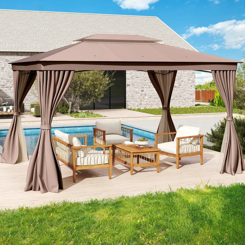 10 x 13 Feet Patio Gazebo Double-Roof with Mesh Netting and Privacy Curtains by DirectDeals