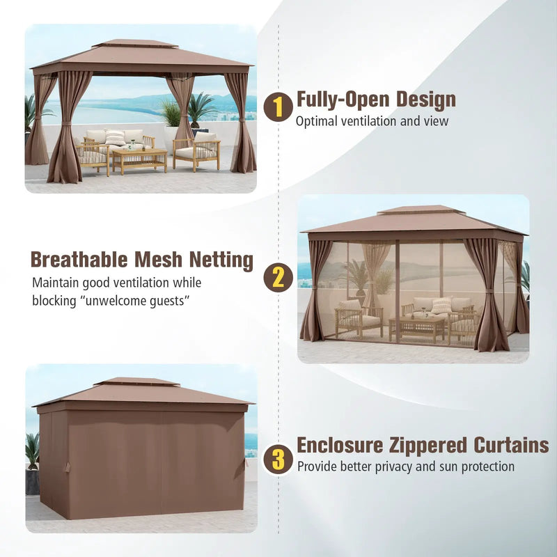 10 x 13 Feet Patio Gazebo Double-Roof with Mesh Netting and Privacy Curtains by DirectDeals