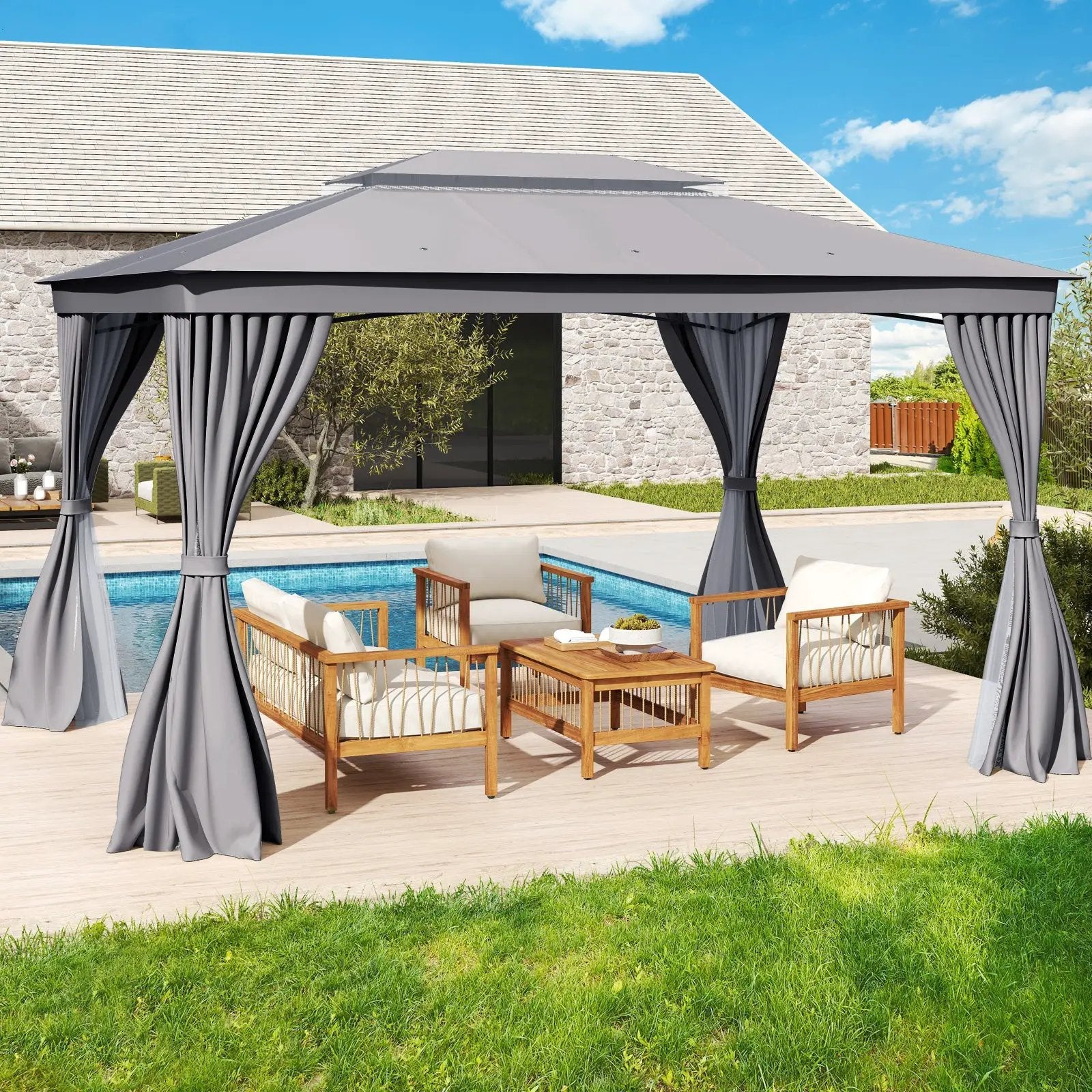 10 x 13 Feet Patio Gazebo Double-Roof with Mesh Netting and Privacy Curtains by DirectDeals