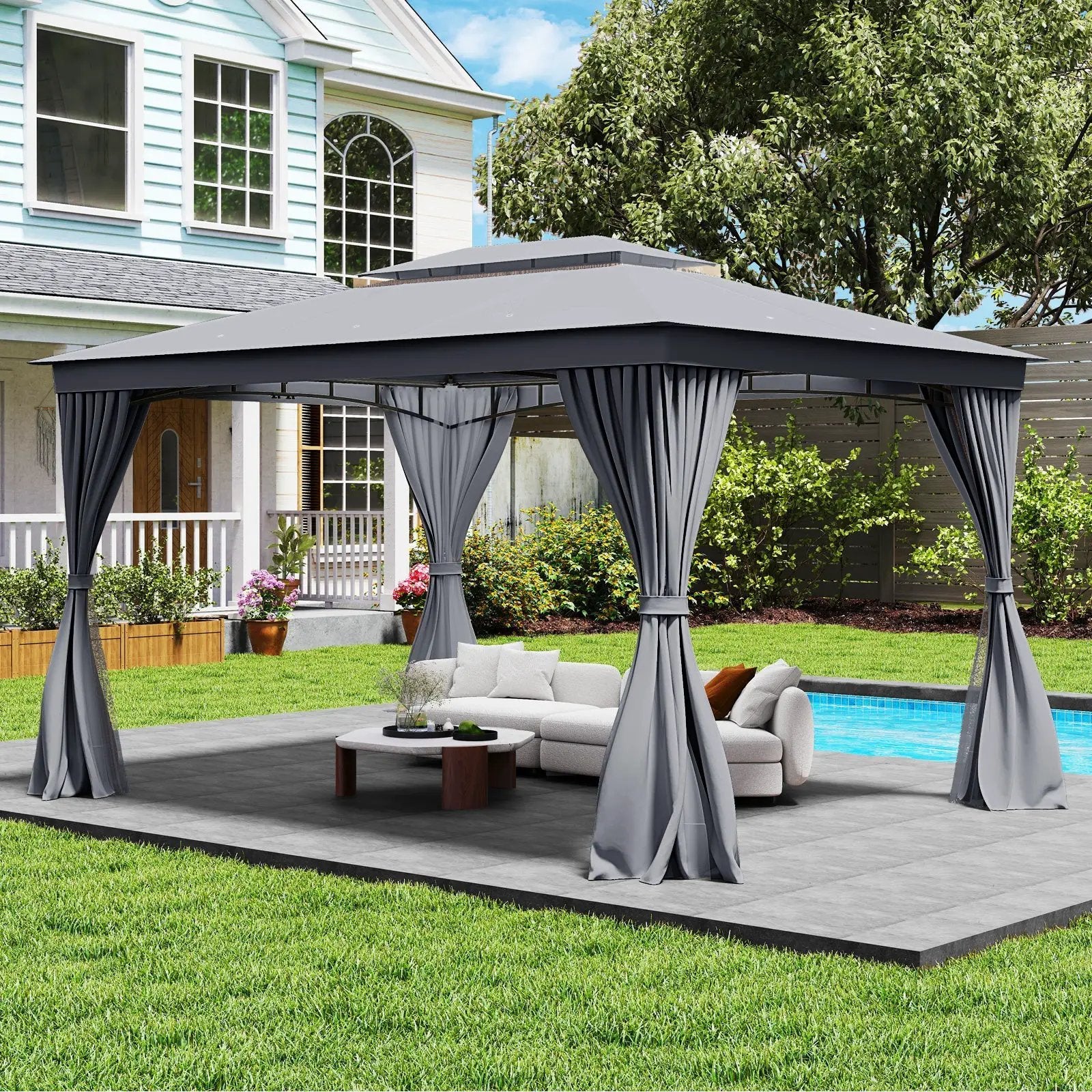 10 x 13 Feet Patio Gazebo Double-Roof with Mesh Netting and Privacy Curtains by DirectDeals