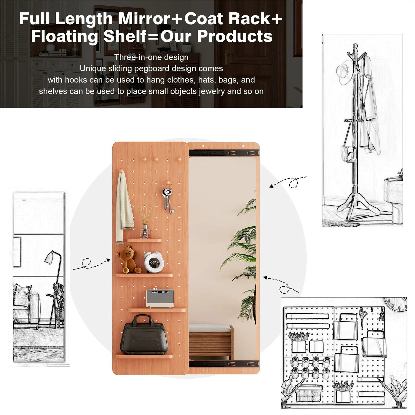 Wall Mounted Full Length Mirror With Shelf And Hook by Unique Piece Furniture