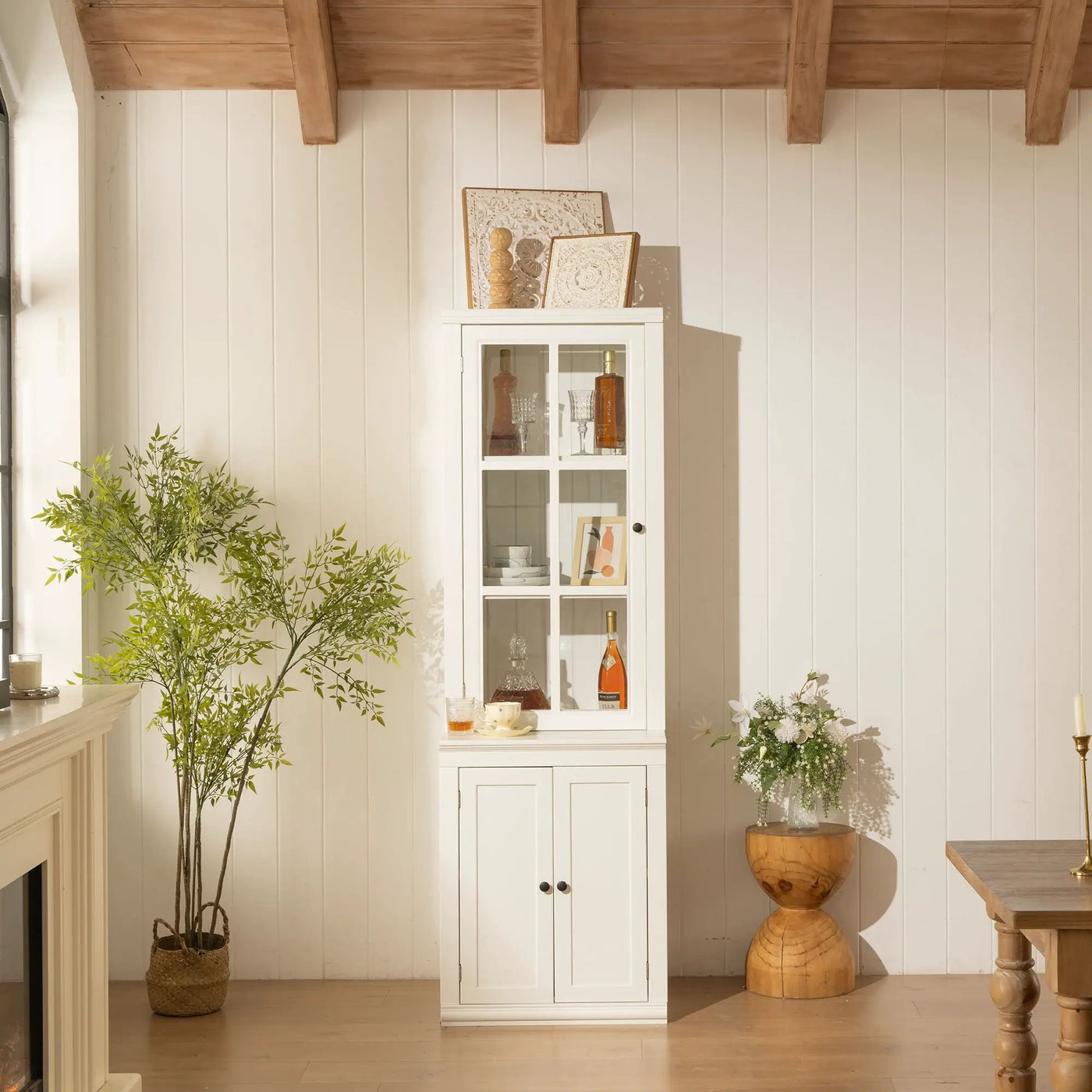Retro Style Hutch Cabinet With Glass Door, China Cabinet For Home by Unique Piece Furniture