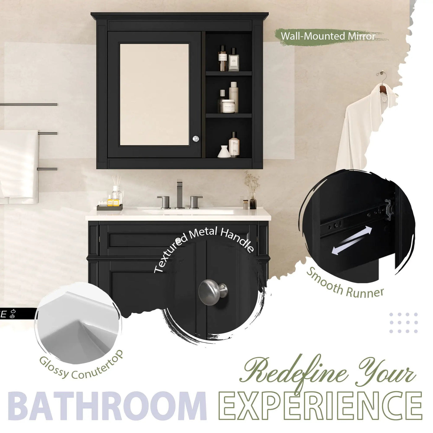 Bathroom Vanity With Top Sink, 2 Doors And 3 Drawers, Freestanding Set With Mirror Cabinet by Unique Piece Furniture