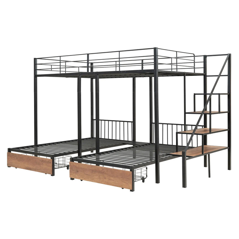 Full Over Twin-Twin Triple Bunk Bed With Drawers And Staircase - Black by HouseOfZazla