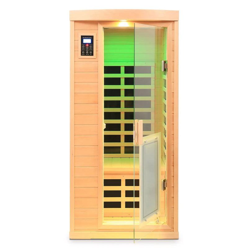 Low Emf Front Door With Heating Panel 1 People Hemlock Far Infrared Indoor Sauna Room - Natural by HouseOfZazla